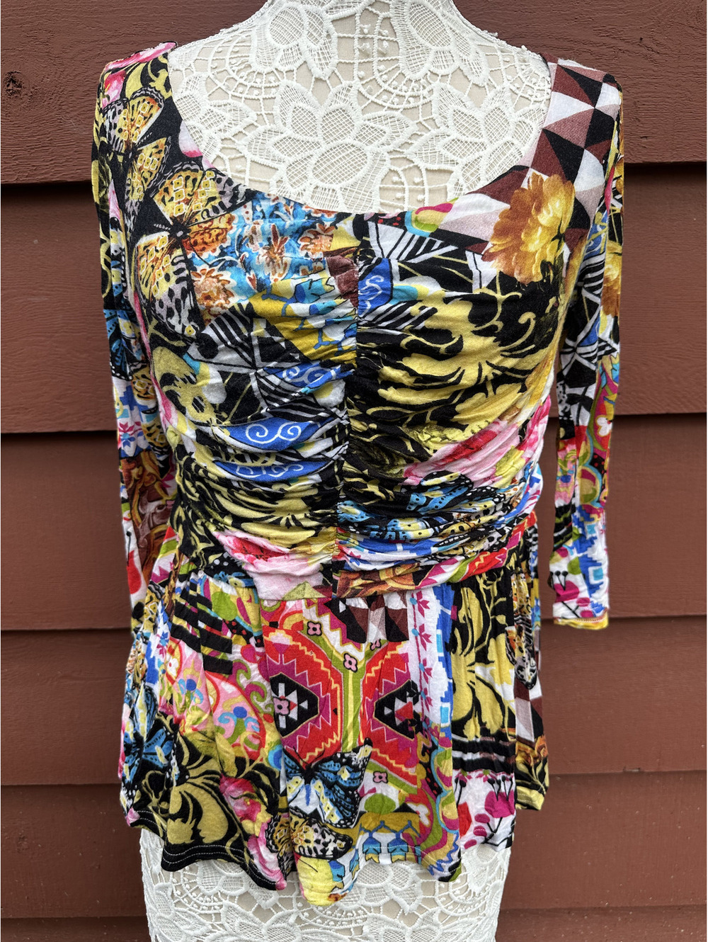 V Cristina Long Sleeve Blouse Multi Color Patchwork Floral Geometric Print‎